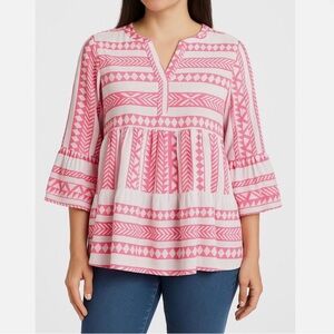 Crown and Ivy geometric Aztec pink and white split neck bell sleeve blouse